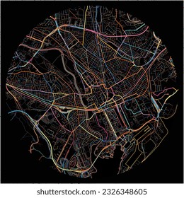 Map of Cardiff, Cardiff with all major and minor roads, railways and waterways. Colorful line art on black background.