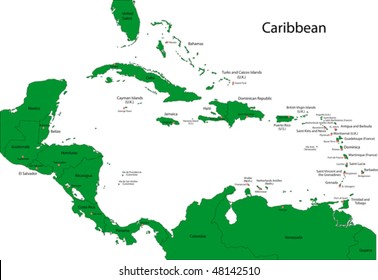 Map of Caribbean with countries and capital cities
