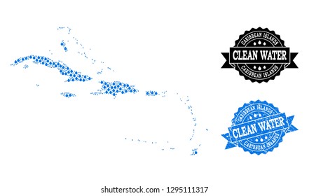 Map of Caribbean Islands vector mosaic and clean water grunge stamp. Map of Caribbean Islands created with blue water tears. Seal with grunge rubber texture for clear drinking water.