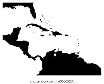 Map of Caribbean region and Central America. Black land silhouette and white water. Simple flat vector illustration.