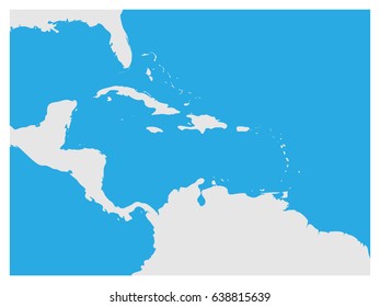 Map of Caribbean region and Central America. Grey land silhouette and blue water background. Simple flat vector illustration.
