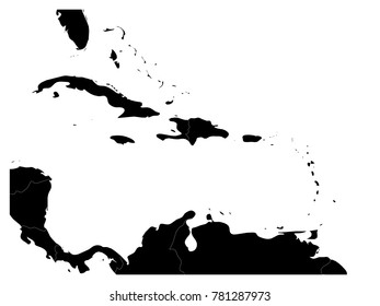 Map of Caribbean region and Central America. Black land silhouette and white water. Simple flat vector illustration.