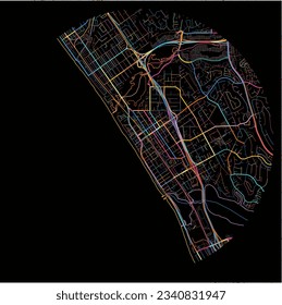 Map of Carlsbad, California with all major and minor roads, railways and waterways. Colorful line art on black background.