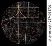 Map of Carmel, Indiana with all major and minor roads, railways and waterways. Colorful line art on black background.