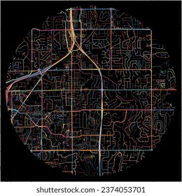 Map of Carmel, Indiana with all major and minor roads, railways and waterways. Colorful line art on black background.