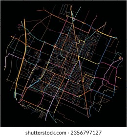 Map of Carpi, Emilia-Romagna with all major and minor roads, railways and waterways. Colorful line art on black background.