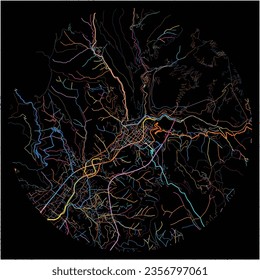 Map of Carrara, Tuscany with all major and minor roads, railways and waterways. Colorful line art on black background.
