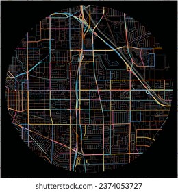Map of Carson, California with all major and minor roads, railways and waterways. Colorful line art on black background.