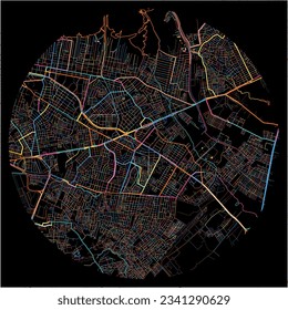 Mapa de Cartagena con todas las carreteras principales y menores, ferrocarriles y vías fluviales. Coloridas líneas de arte sobre fondo negro.