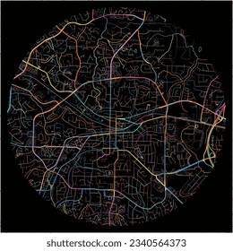 Map of Cary, North Carolina with all major and minor roads, railways and waterways. Colorful line art on black background.