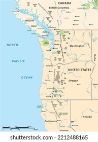 Map of the Cascade Range, volcanic mountain range that runs parallel to the west coast of North America