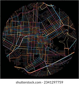 Mapa de Cascavel con todas las carreteras principales y menores, ferrocarriles y vías navegables. Coloridas líneas de arte sobre fondo negro.