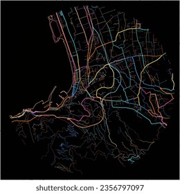 Mapa de Castellammaredi Stabia, Campania con todas las carreteras principales y menores, ferrocarriles y vías navegables. Coloridas líneas de arte sobre fondo negro.