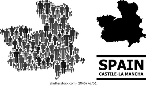 Map of Castile-La Mancha Province for political purposes. Vector population collage. Collage map of Castile-La Mancha Province done of men elements. Demographic concept in dark grey color hues.