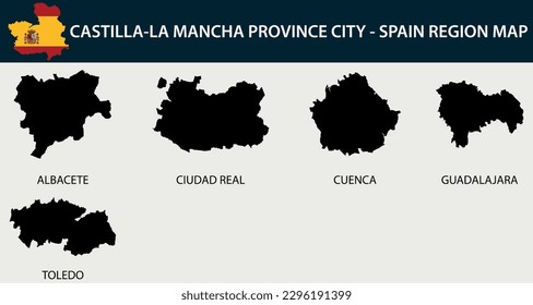 Map of Castilla-La Mancha city province set - Spain region outline silhouette graphic element Illustration template design
