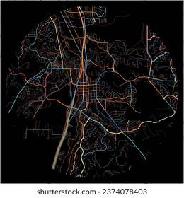 Mapa de CastleRock, Colorado con todas las carreteras principales y menores, ferrocarriles y vías fluviales. Coloridas líneas de arte sobre fondo negro.