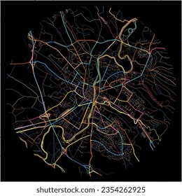 Map of Castres, Tarn with all major and minor roads, railways and waterways. Colorful line art on black background.