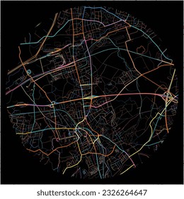 Map of Castrop-Rauxel, North Rhine-Westphalia with all major and minor roads, railways and waterways. Colorful line art on black background.