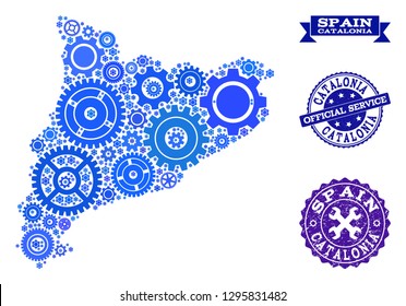 Map of Catalonia designed with blue wheel symbols, and isolated scratched watermarks for official repair services. Vector abstract mosaic of map of Catalonia with mechanics symbols in blue color hues.