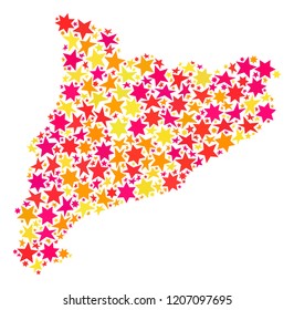Map of Catalonia formed with colored flat stars. Vector colored geographic abstraction of map of Catalonia with red, yellow, orange stars. Festive mosaic design for New Year illustrations.