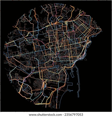 Map of Catania, Sicily with all major and minor roads, railways and waterways. Colorful line art on black background.