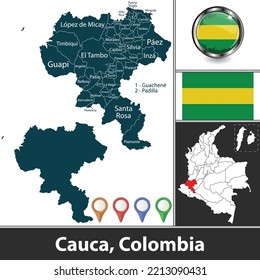 Map of Cauca department with municipalities and location on Colombian map. Vector image