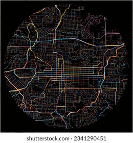 Map of CaxiasdoSul with all major and minor roads, railways and waterways. Colorful line art on black background.