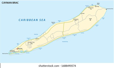 Map of Cayman Brac, an island in the Cayman Islands, UK