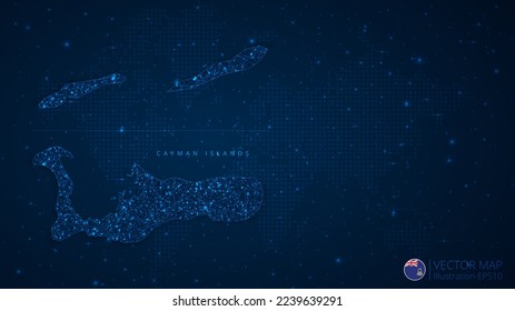 Mapa del diseño moderno de las Islas Caimán con formas poligonales sobre fondo azul oscuro. Esferas de malla de alambre de negocios a partir de escombros voladores. Concepto de ilustración vectorial de estilo de estructura azul.