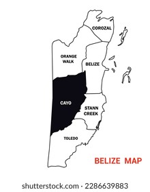 Map of Cayo, Map of Belize, Belize an outline district map fill color, Map of Belize states Vector Illustration with district name.