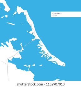 Map of Cayo Cruz Island, Cuba, contains geography outlines for land mass, water, major roads and minor roads.