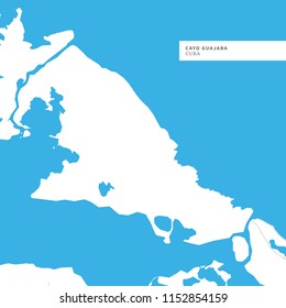 Map of Cayo Guajaba Island, Cuba, contains geography outlines for land mass, water, major roads and minor roads.