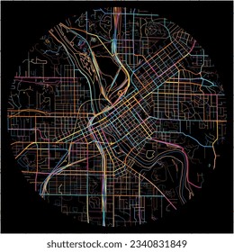 Map of CedarRapids, Iowa with all major and minor roads, railways and waterways. Colorful line art on black background.