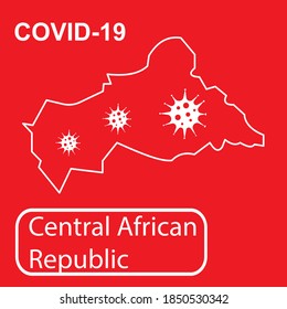 Map of Central Africa Republic labeled "COVID-19". White outline map on a red background. Vector illustration of a virus, coronavirus, epidemiology.