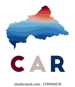 Map of the Central African Republic with beautiful geometric waves in red and blue colors. Vivid CAR shape. Vector illustration.