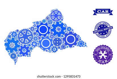 Map of Central African Republic composed with blue engine symbols, and isolated rubber stamps for official repair services.