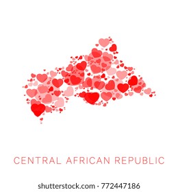 map of central african republic filled with abstract red hearts mosaic of different sizes and degrees of transparency on white background