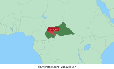 Karte der Zentralafrikanischen Republik mit einer Nadel von Landeshauptstadt. Karte der Zentralafrikanischen Republik mit den Nachbarländern in grüner Farbe.