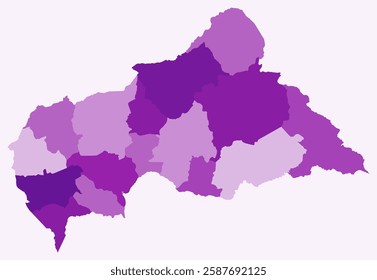 Map of Central African Republic with regions. Just a simple country border map with region division. Purple color palette. Blank Central African Republic shape with administrative division.