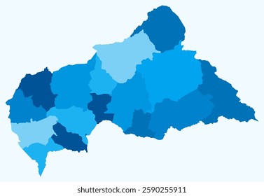 Map of the Central African Republic with regions. Just a simple country border map with region division. Light blue color palette. Flat Central African Republic shape with administrative division.