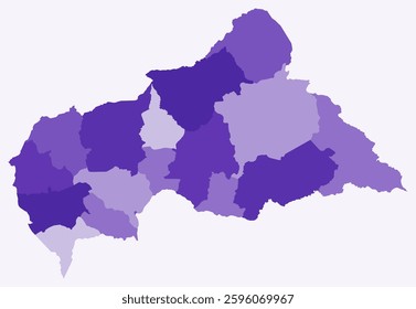Map of Central African Republic with regions. Just a simple country border map with region division. Deep purple color palette. Flat Central African Republic shape with administrative division.