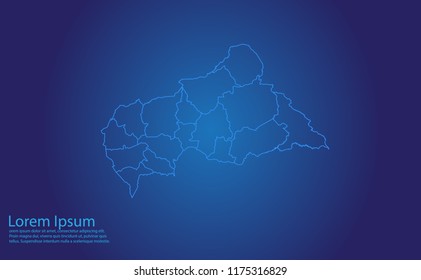 Map of central African Republic-With glowing point and lines scales on the dark gradient background. central African Republic map with country borders, thin Blue outline on Dark background.