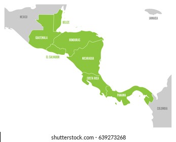 Map of Central America region with green highlighted central american states. Country name labels. Simple flat vector illustration.