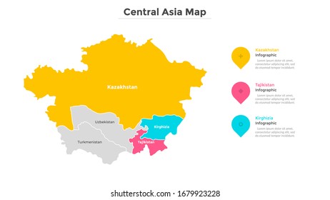 Map of Central Asia divided by state borders. Part of Asian continent with country boundaries. Modern infographic design template. Vector illustration for touristic website, geographic presentation.