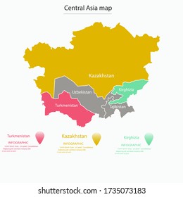 Map of Central Asia divided by state borders. Part of Asian continent with country boundaries. Modern infographic design template. Vector illustration for touristic website, geographic presentation.