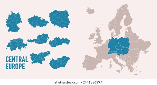 Mapa de Europa Central. Suiza, Alemania, Polonia, Hungría, Austria mapas con regiones. Europa mapa aislado sobre fondo blanco. Alto nivel de detalle. Ilustración de vector