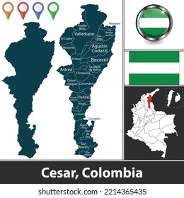 Map of Cesar department with municipalities and location on Colombian map. Vector image