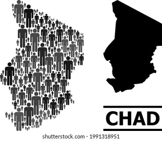 Map of Chad for demographics projects. Vector demographics collage. Abstraction map of Chad made of crowd elements. Demographic scheme in dark grey color variations.