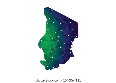 Map of Chad - With glowing point and lines scales on the dark gradient background, 3D mesh polygonal network connections.