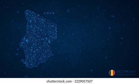 Mapa de diseño moderno de Chad con formas poligonales sobre fondo azul oscuro. Esferas de malla de alambre de negocios a partir de escombros voladores. Concepto de ilustración vectorial de estilo de estructura azul.